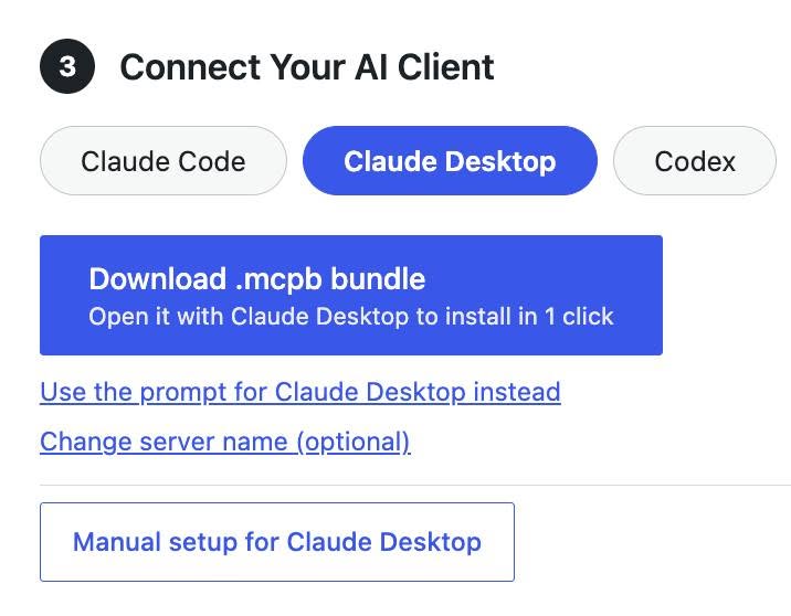Download the .mcpb bundle from the Claude Desktop tab to connect Novamira in one click