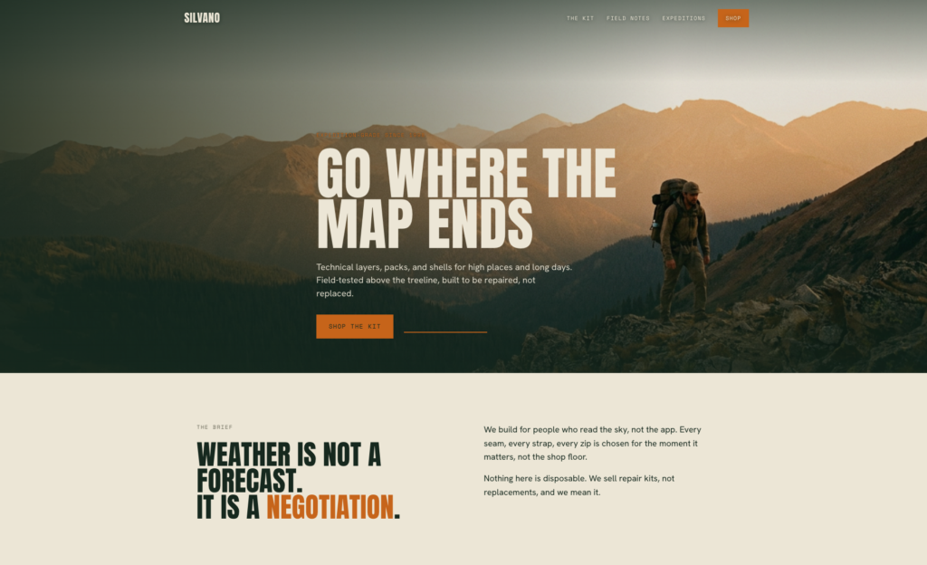 An outdoor brand landing page built with Novamira Design