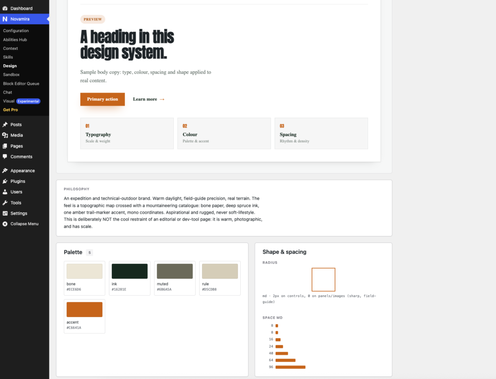 Novamira Design preview: type, color and spacing applied to a page