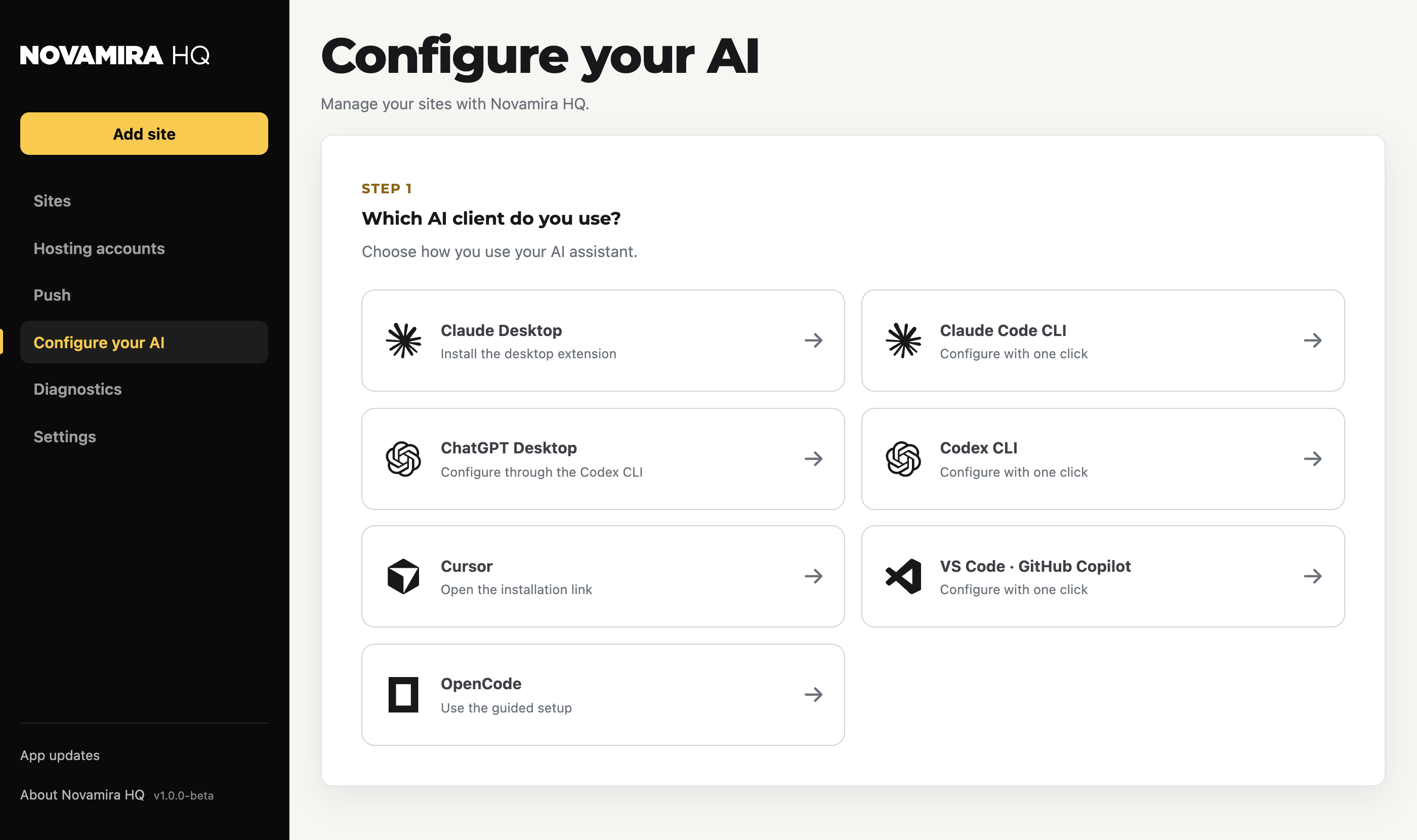 The Configure your AI screen: one-click setup for Claude Desktop, Claude Code, ChatGPT, Codex, Cursor, VS Code, and OpenCode