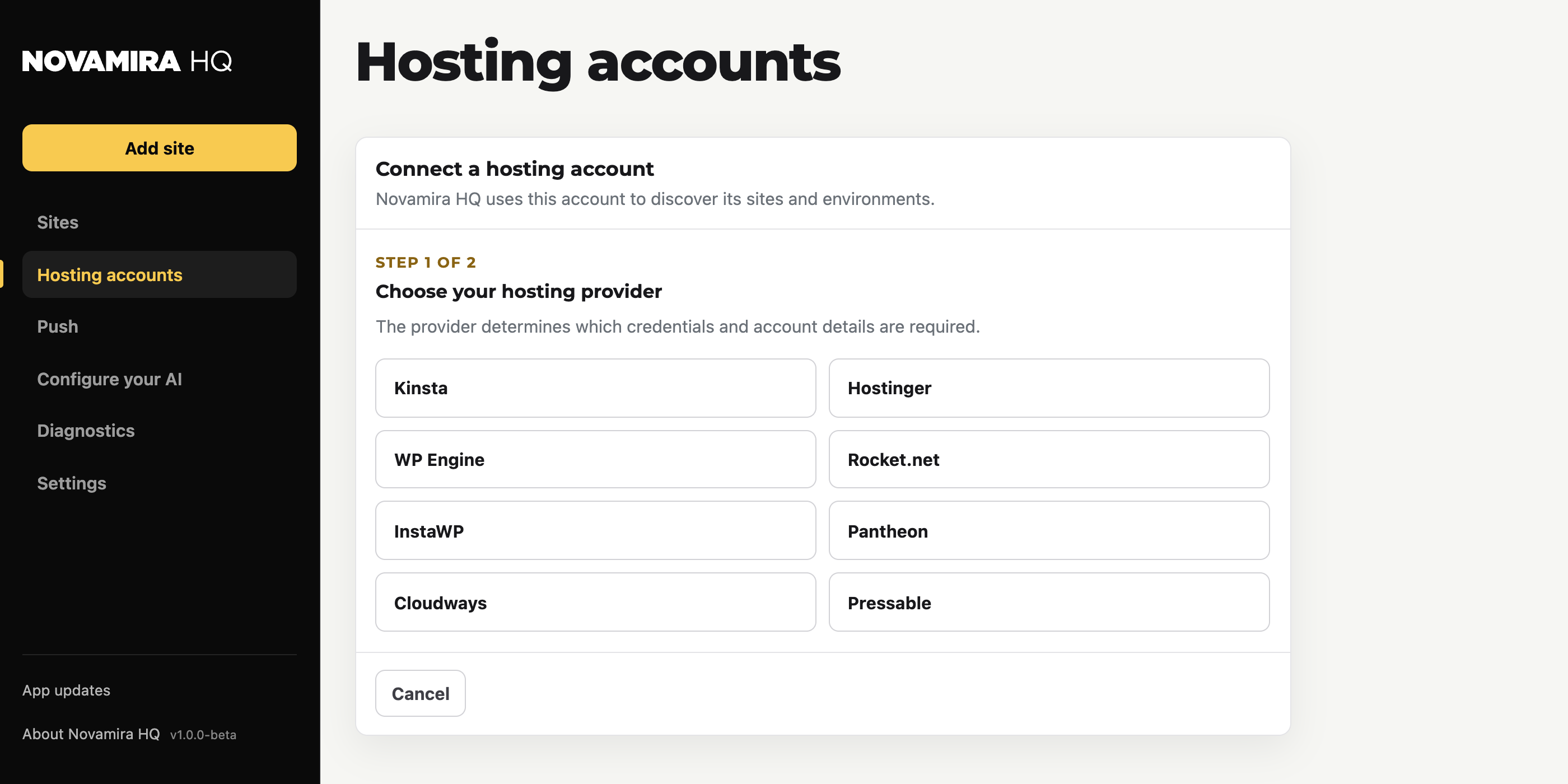 Connecting a hosting account in Novamira HQ: choose your hosting provider