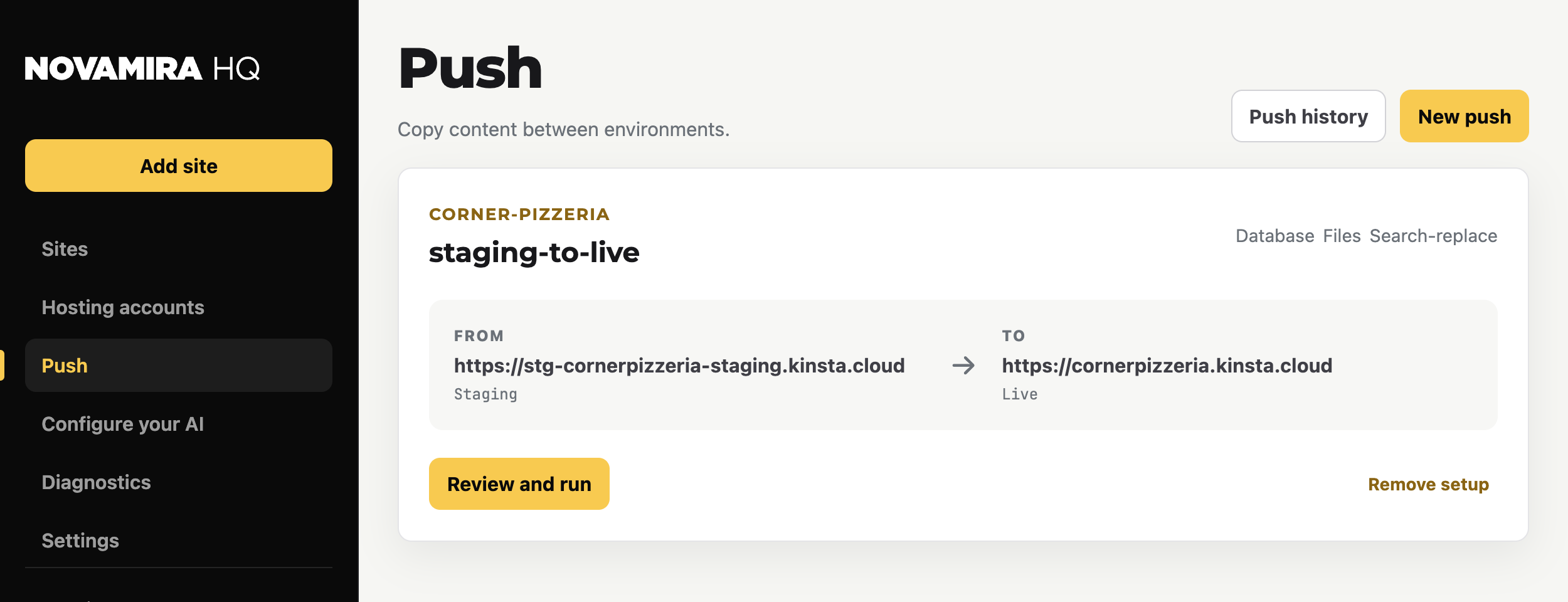A saved push setup in Novamira HQ: from the staging environment to live, with database, files, and search-replace