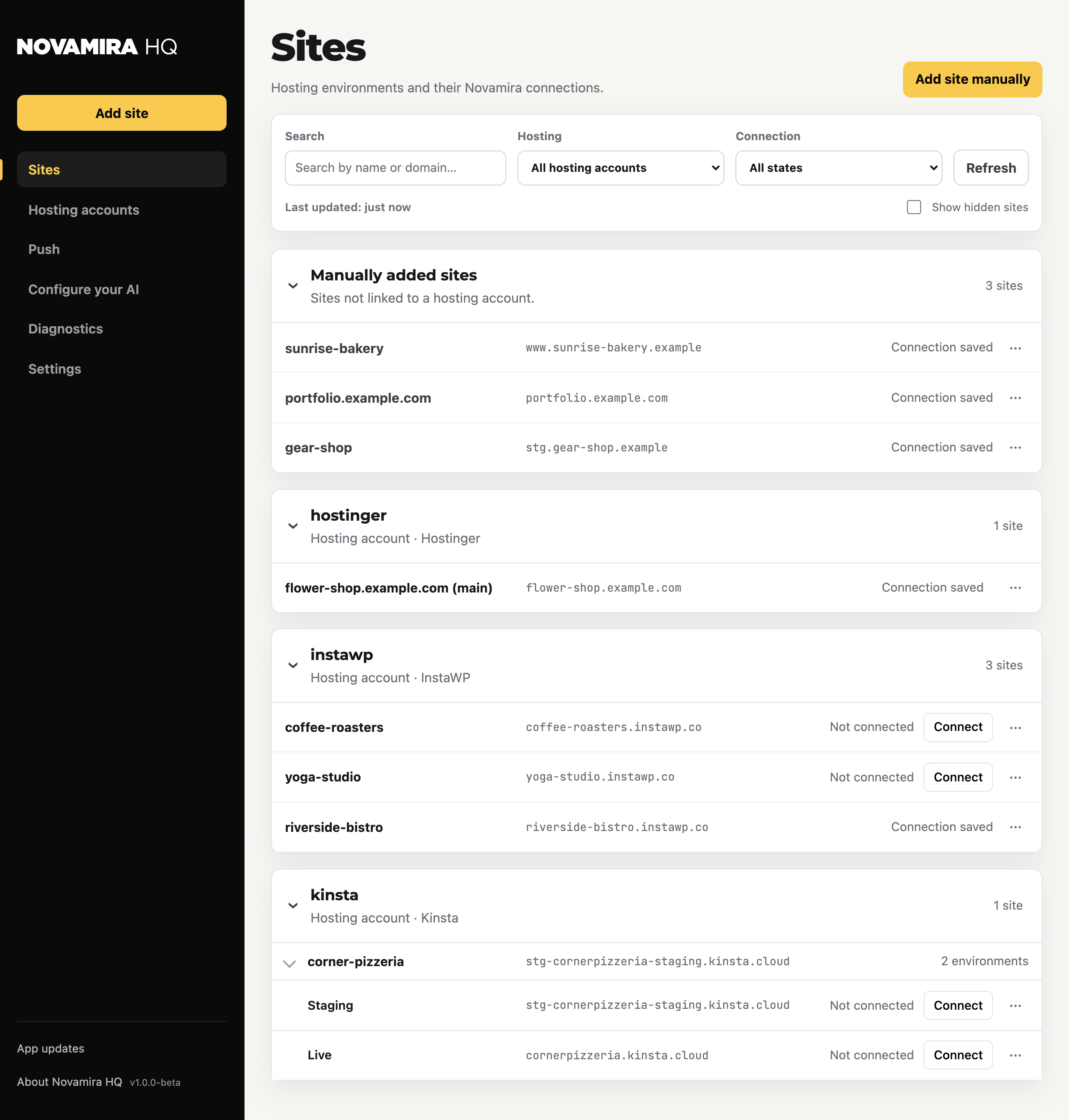 The Novamira HQ sites list: manually added sites and hosting accounts, each site with its environments and connection state